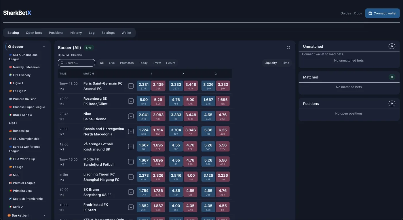 The SharkBetX exchange with leagues sidebar, live match list, and back/lay odds cells.