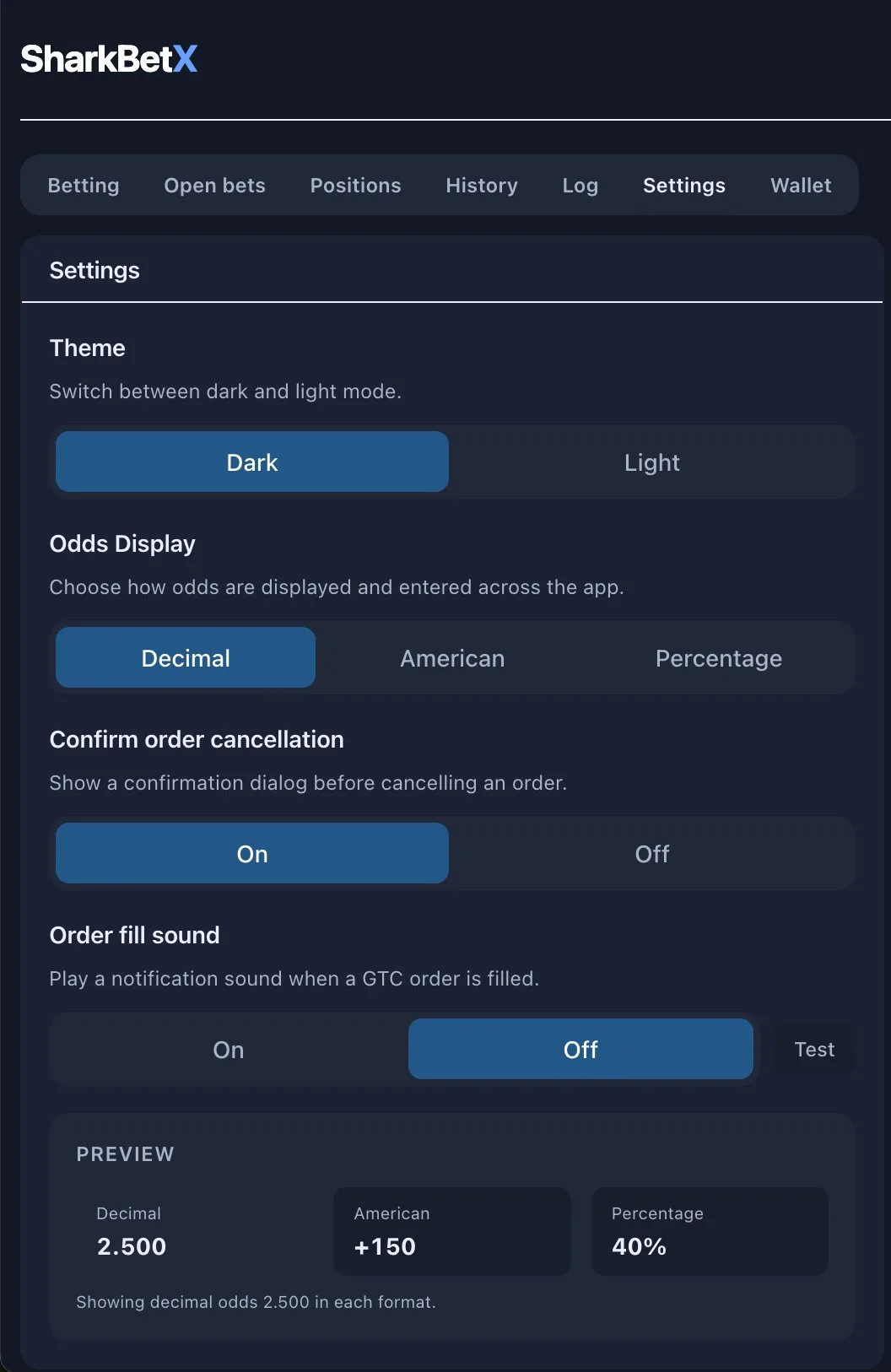 SharkBetX settings for theme, odds display, and order notifications.